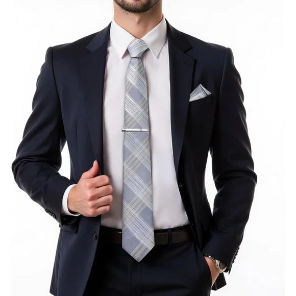 🆕Men Grey Plaid Silk Checkered Necktie Pocket Square Cufflinks Tie Clip Set
